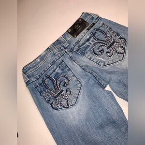 Miss Me Fleur De Lis Low Rise Y2K Denim Boot Cut Studded Jeans Embroidered 27